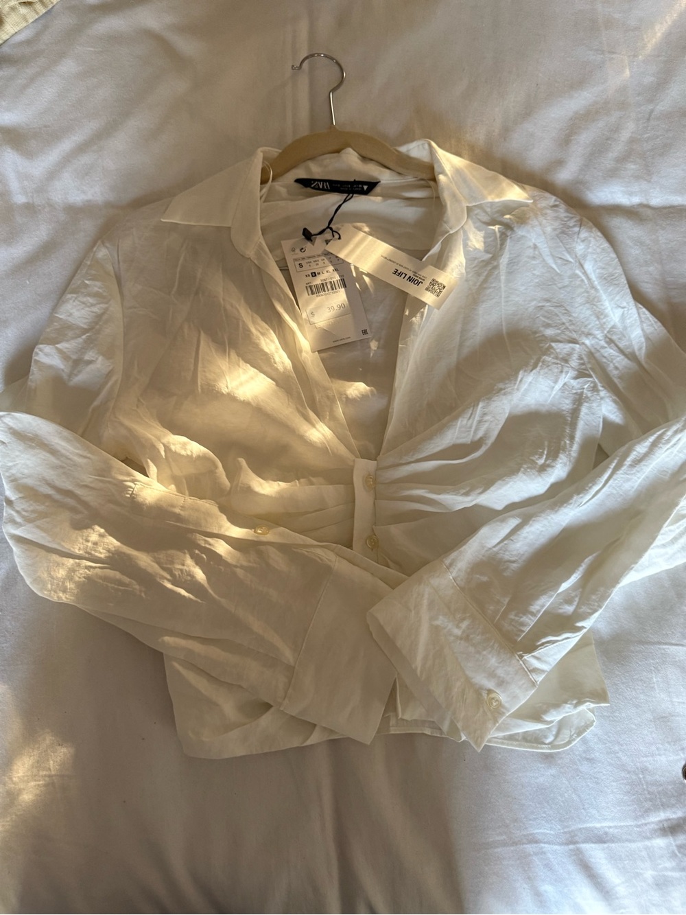 Zara White Ruched Button-Front Blouse – Size S – NWT